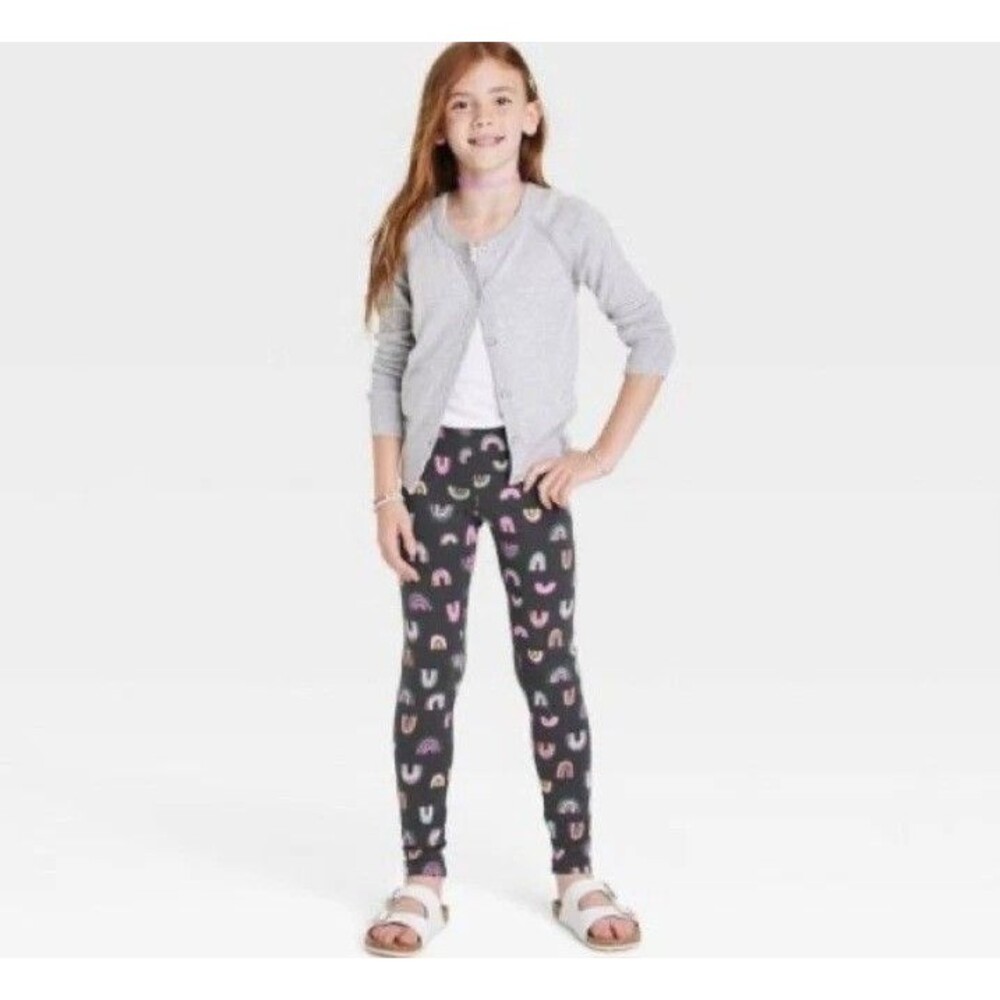 Cat & Jack Girls Dark Gray Rainbow Print Leggings -Girls Size 7-8 Pull-On